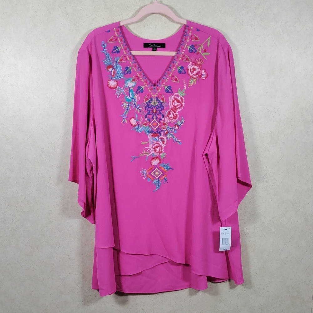 H164 Calesas hot pink v-neck blouse w/floral embroidery 3X NWT